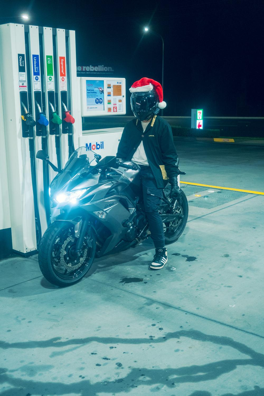 Holiday motorcycle ride with Santa hat